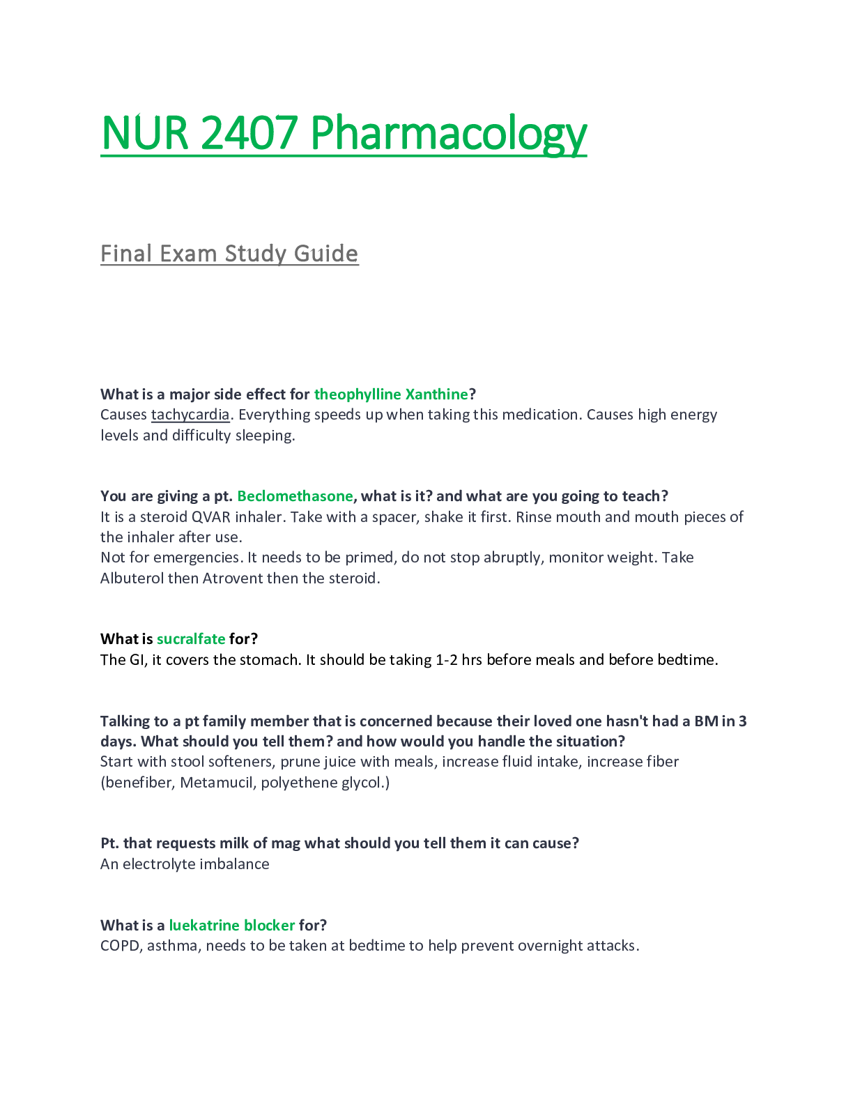 Preview of NUR2407 / NUR 2407 Final Exam Study Guide (Latest Update): Pharmacology - Rasmussen